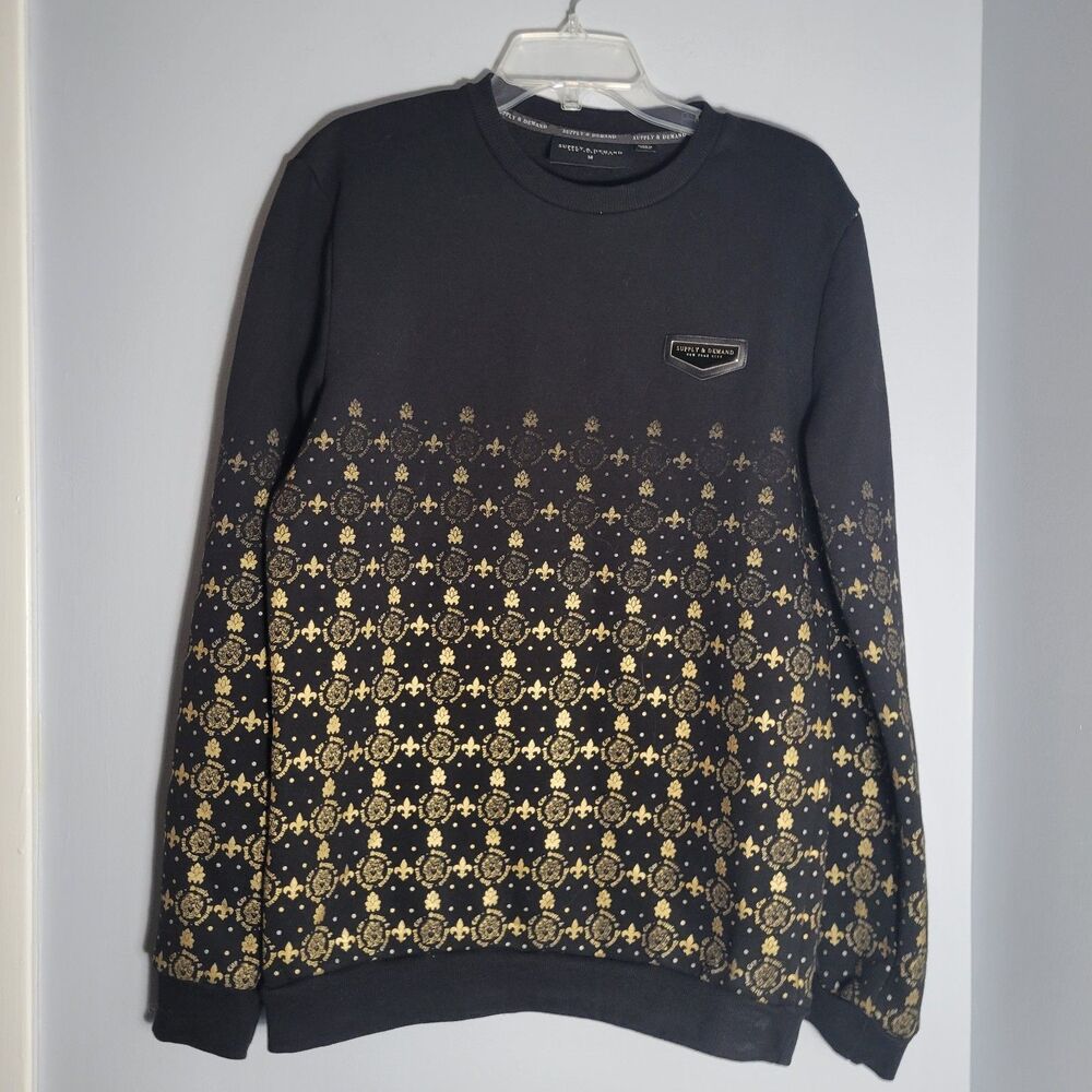 Supply & Demand Black Gold Fleur de Lis Monogram Crew Neck Sweatshirt Size M